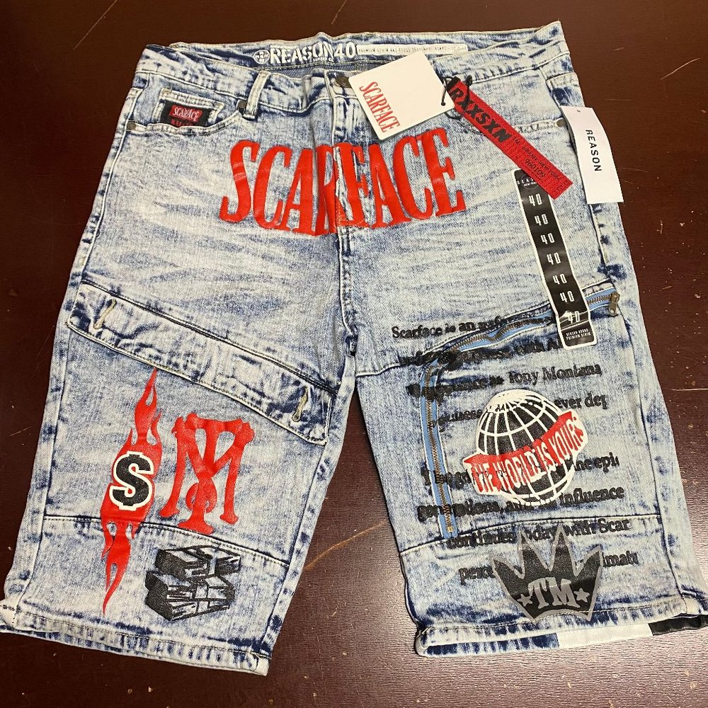 Reason Scarface Flat Front 5 Pockets Design Denim Jean Shorts Size 36 or 40